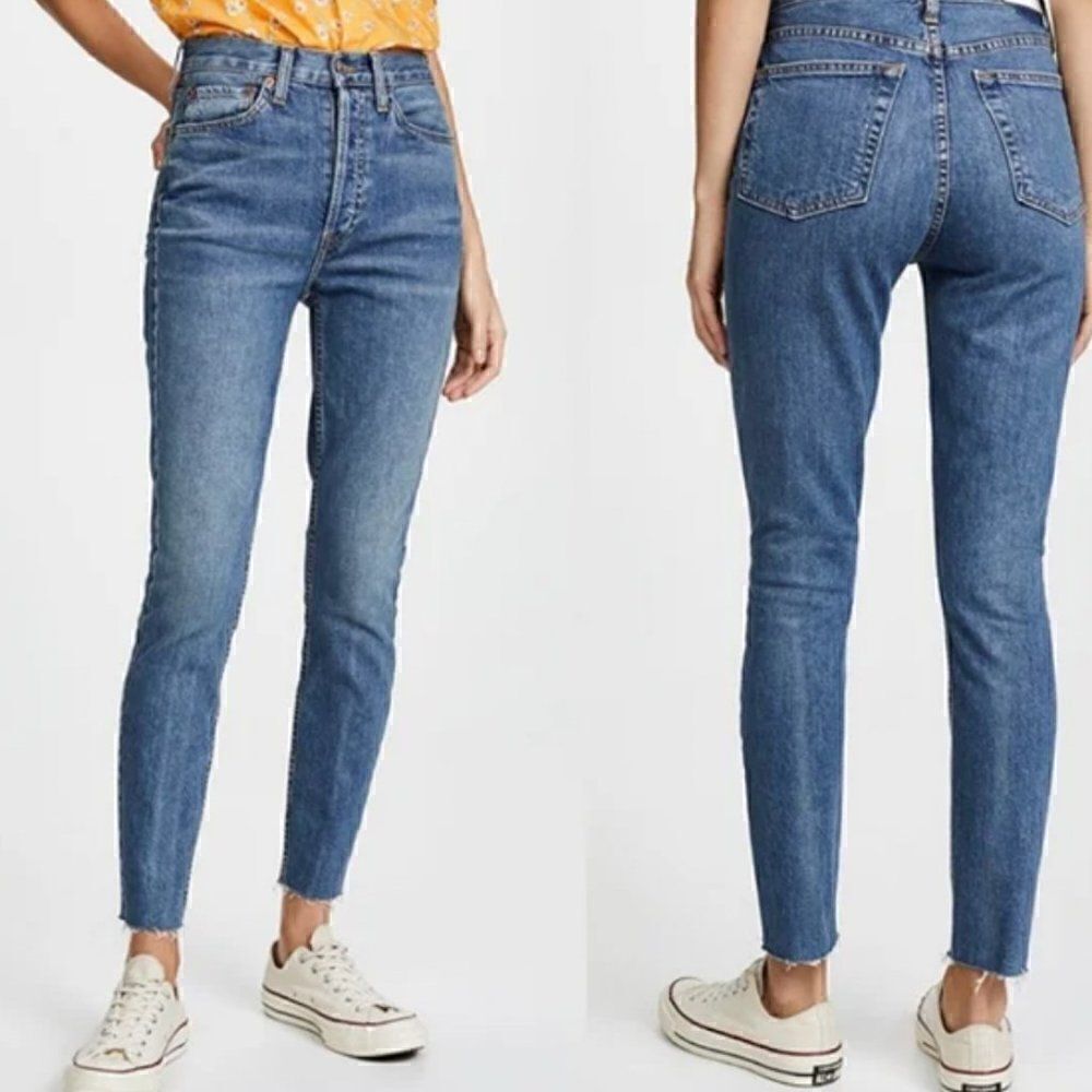 Re/Done Mid Wash Raw Hem Jeans Redone Originals High Rise Ankle Sz 25